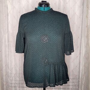 H&M Forest Green Dark Romance Half Peplum Swiss Dots Blouse Top‎ Size Medium